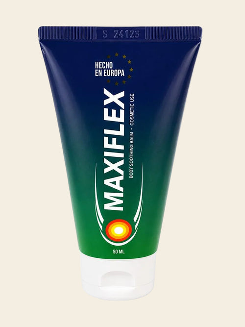 A 50 mL squeeze tube of Maxiflex Body Soothing Balm, featuring a dark blue to green gradient design with white text and a small orange and yellow circular graphic near the bottom.