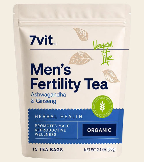 A stand-up pouch of 7vit Men's Fertility Tea on a plain white background. The packaging is off-white with dark blue text, beige leaf illustrations, a green circular organic seal, and a blue banner near the bottom.