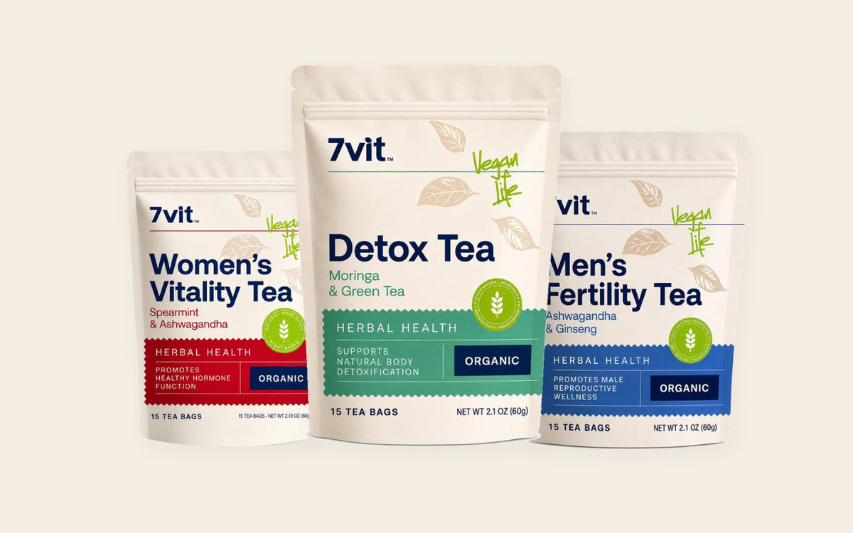 Three stand-up pouches of 7vit tea products on a light beige background: Women's Vitality Tea, Detox Tea, and Men's Fertility Tea.