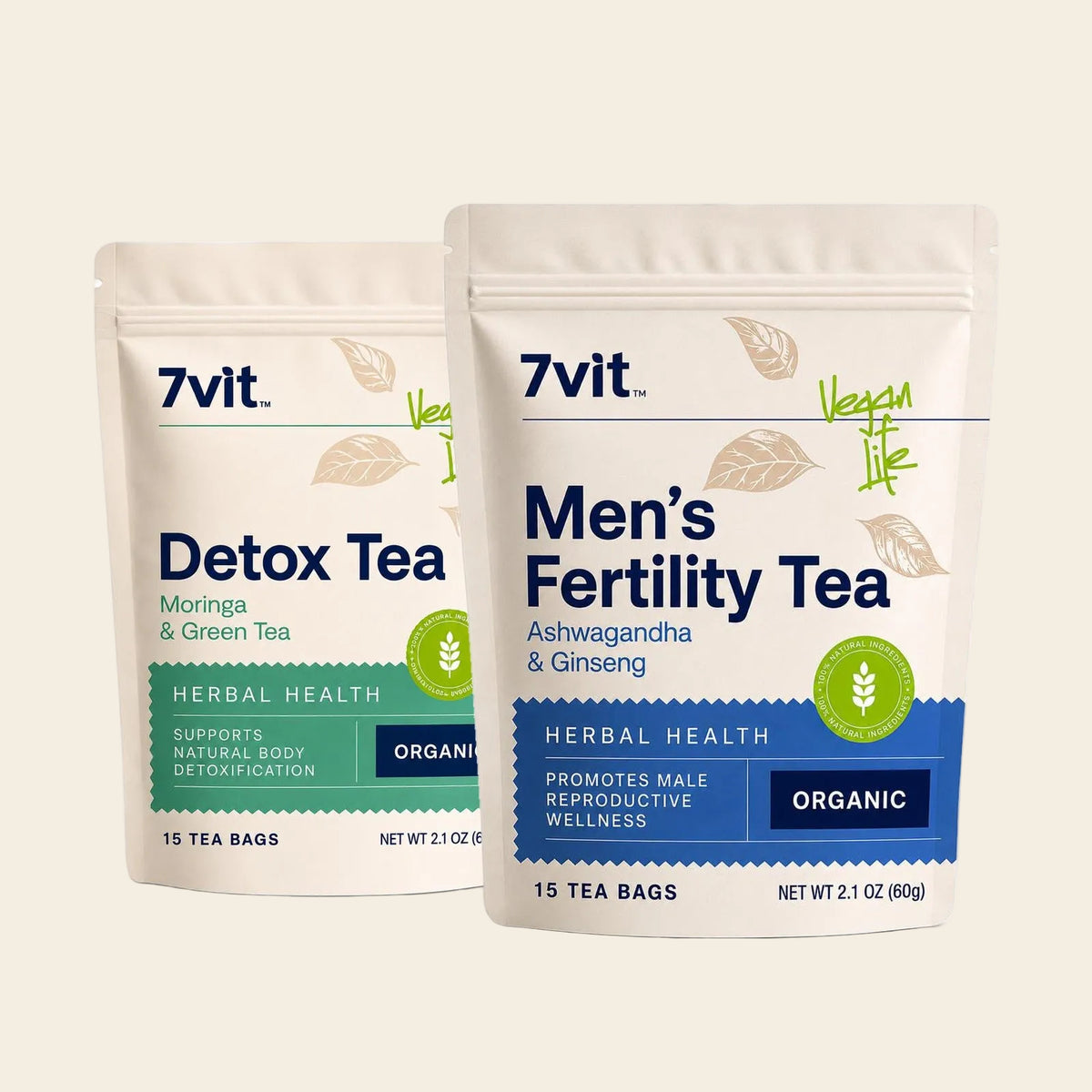 Two stand-up pouches of 7vit herbal tea on a white background: Detox Tea on the left in green packaging and Men's Fertility Tea on the right in blue packaging.