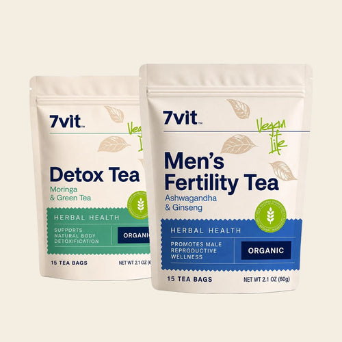 Two stand-up pouches of 7vit herbal tea on a white background: Detox Tea on the left in green packaging and Men's Fertility Tea on the right in blue packaging.