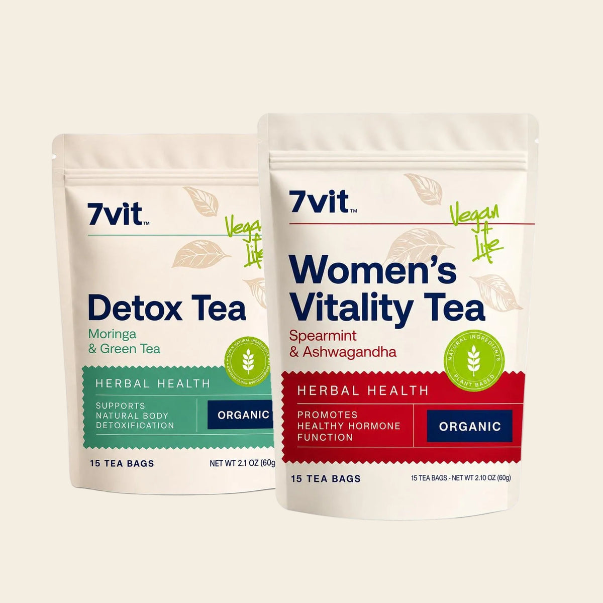 Two stand-up pouches of 7vit tea on a white background: Detox Tea with a green label and Women's Vitality Tea with a red label.